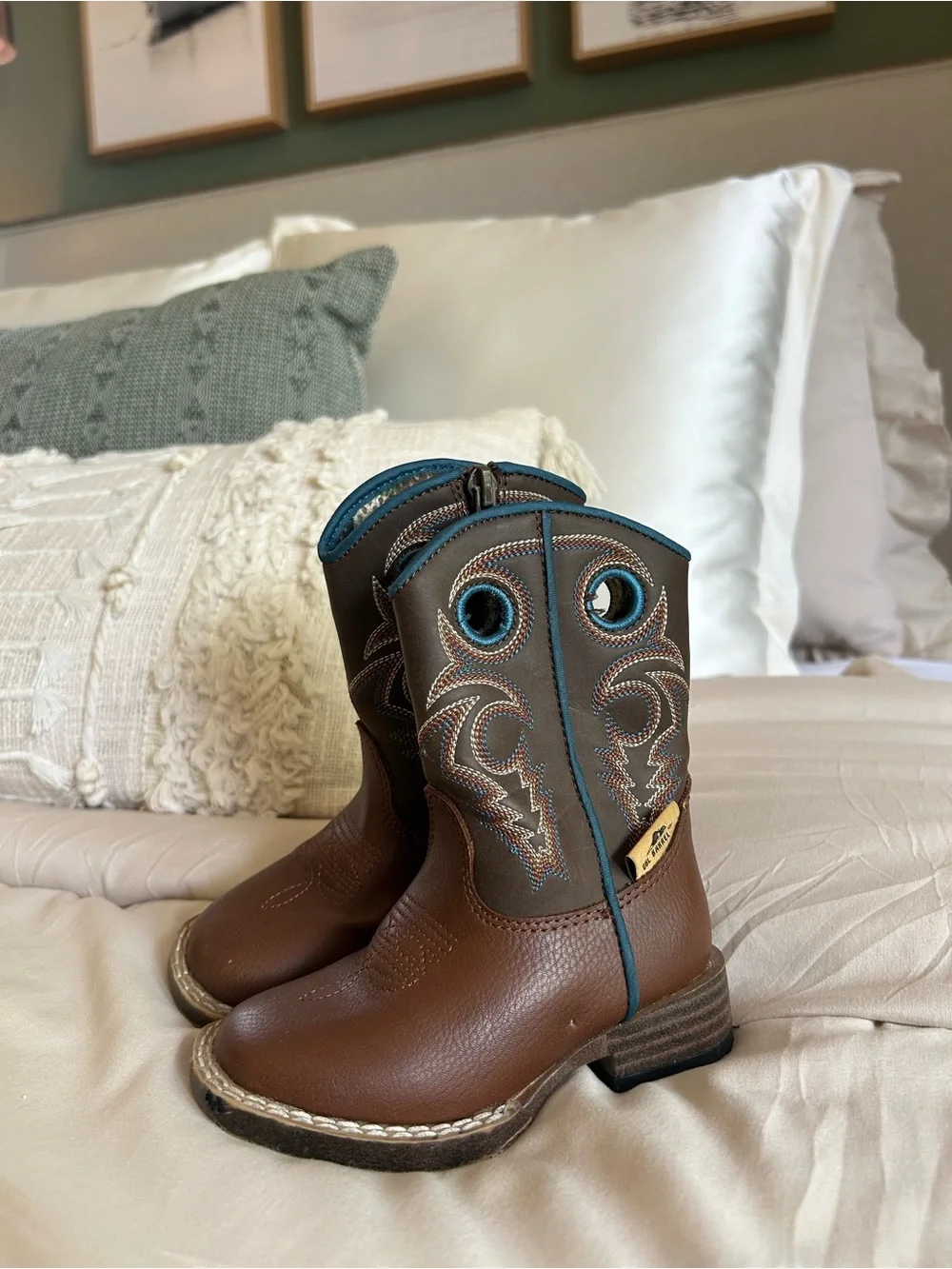 Dbl Barrel - Toddler Brown Cowboy Boots with Turquoise Trim